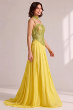 Lime Green Rhinestone Spaghetti Strap Choker Neck Pleated Chiffon Train Evening Gown Flowering Girl