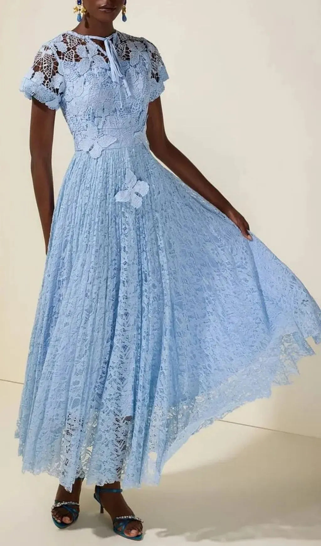 Selena Lace Butterfly Pleated Midi Dress - Blue Flowering Girl