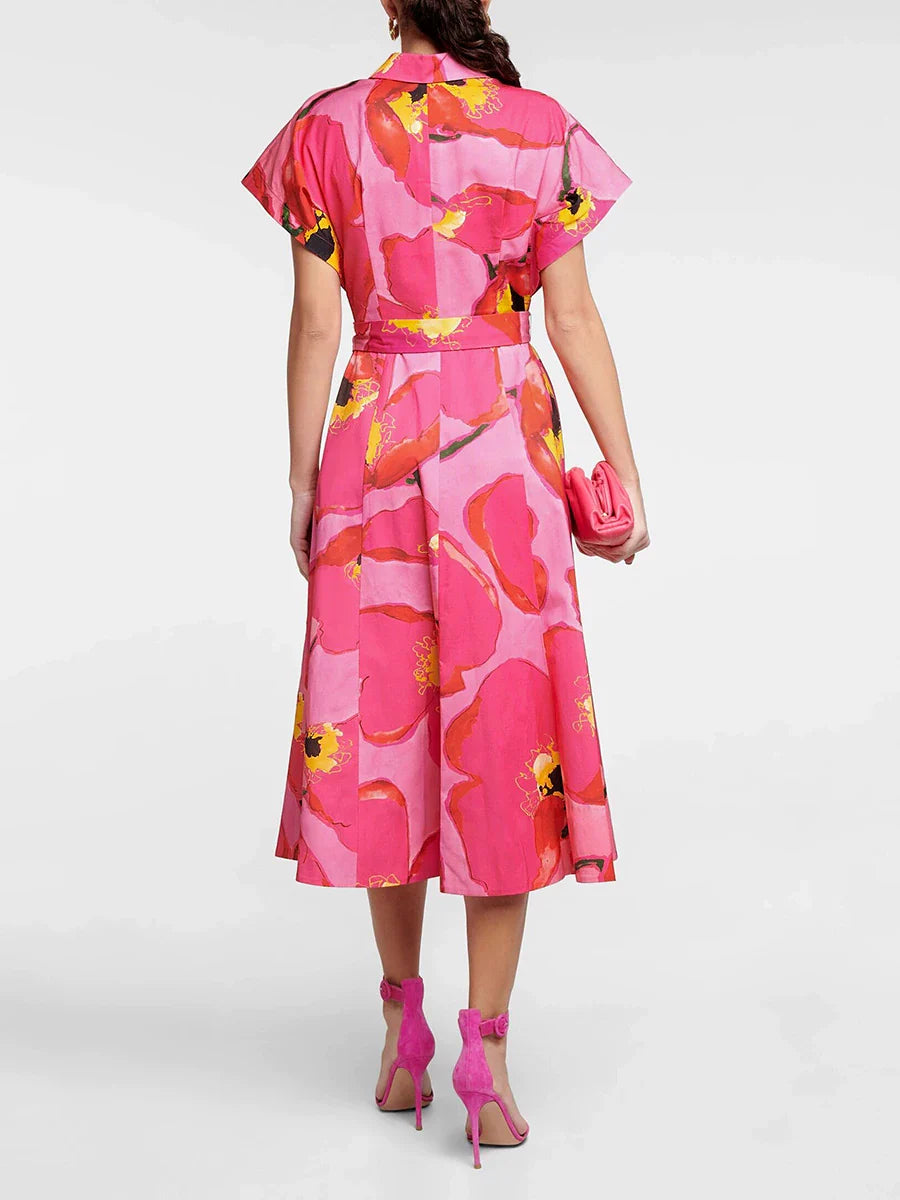 Satin Pink Single-Breasted Midi Dress Flowering Girl