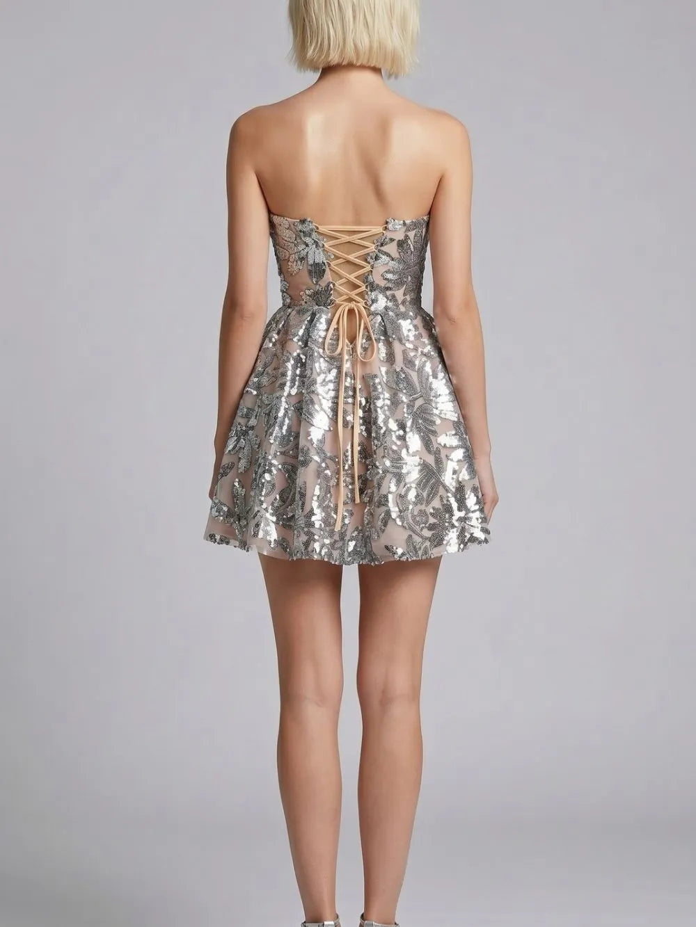 Fawzia Strapless Leaf Sequin Mini Dress Flowering Girl