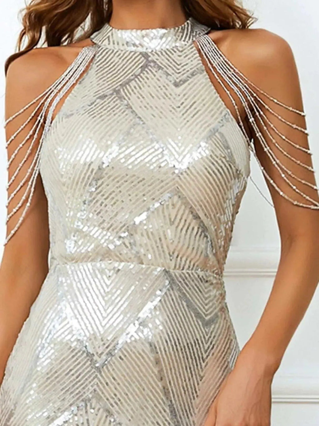Cold Shoulder Beads Chain Cocktail Dress Flowering Girl