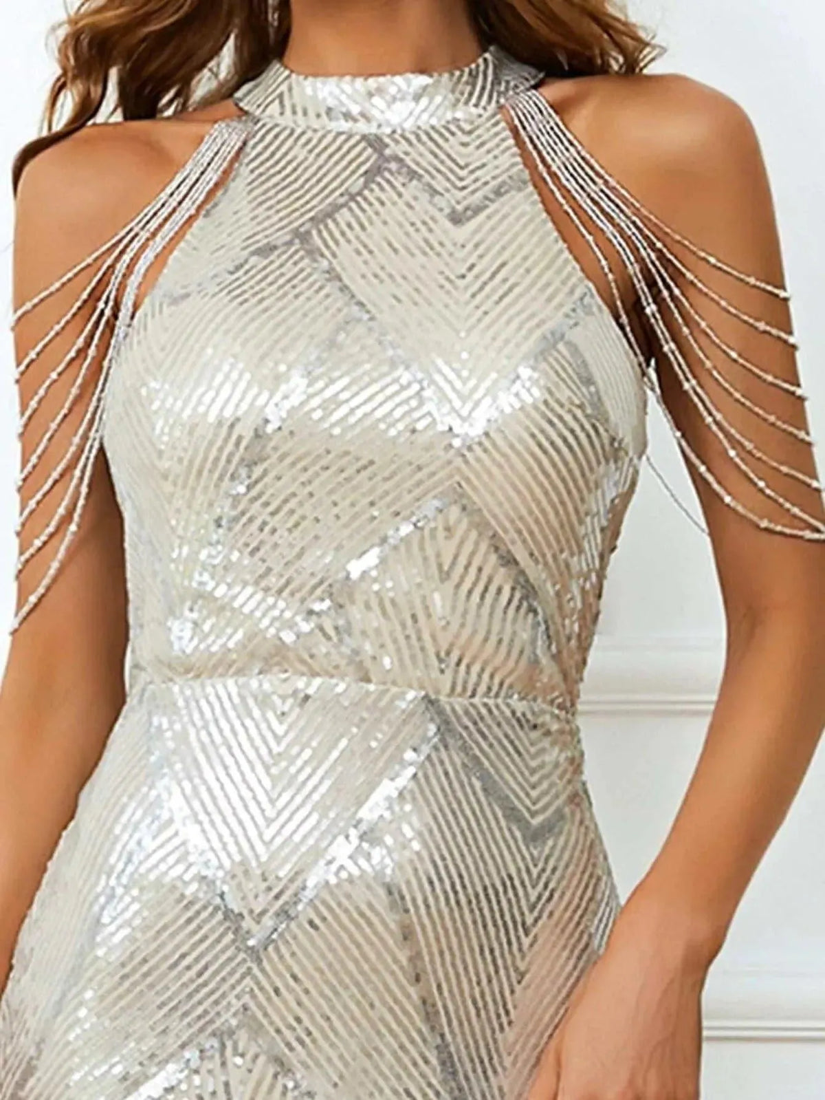 Cold Shoulder Beads Chain Cocktail Dress Flowering Girl