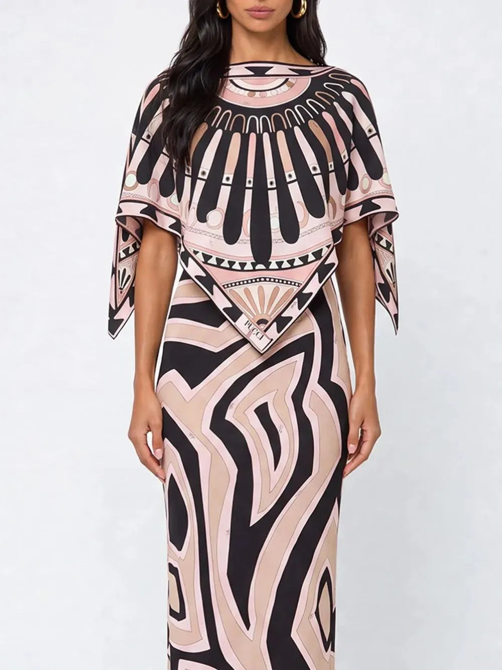 Hylora Cape Sleeve Split Printed Skirt Set Flowering Girl