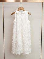 Cream Textured Woven Fabric With Ribbon Fringe Shift Dress Flowering Girl
