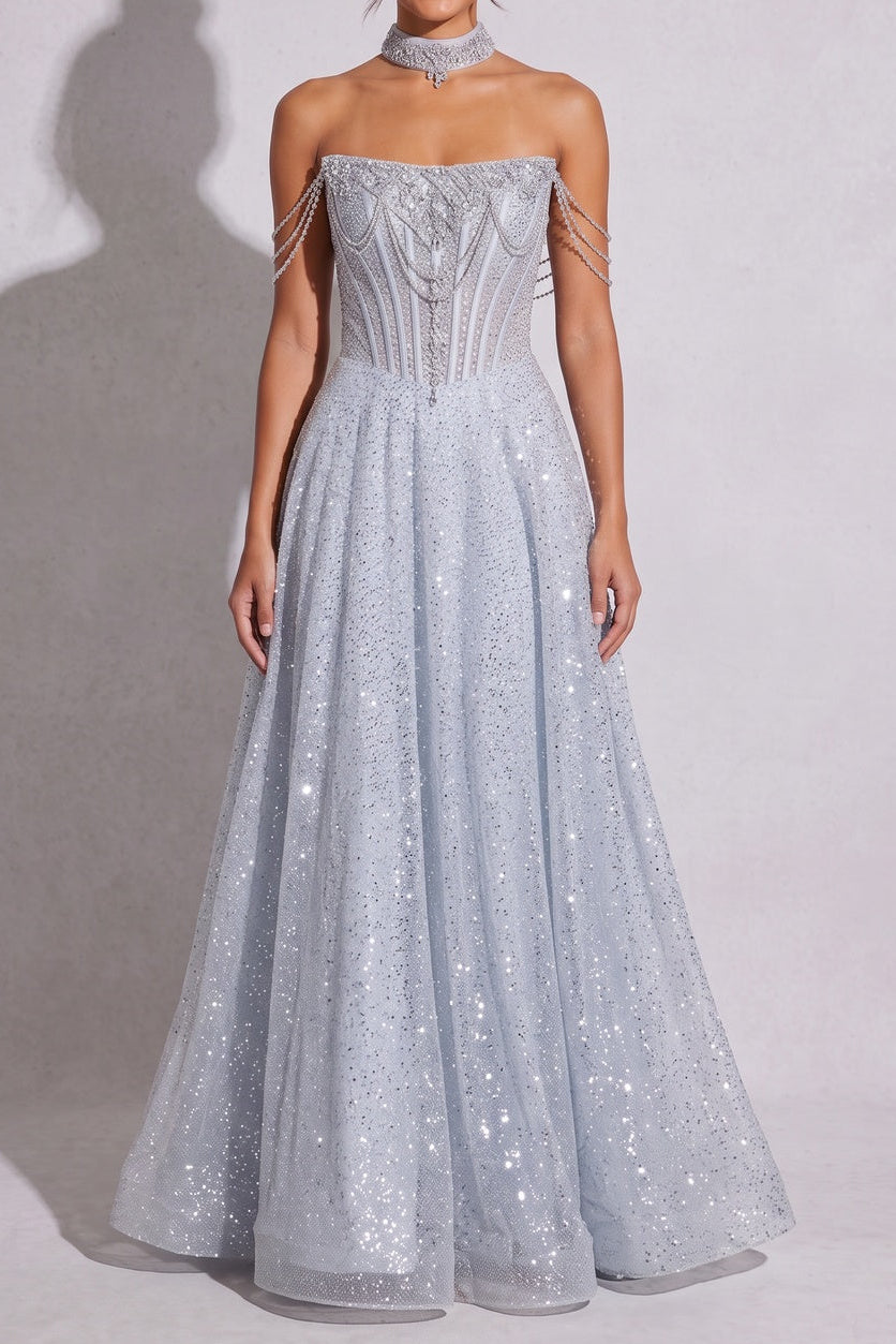 Ice Blue Glitter-Dusted Tulle A-Line Gown Flowering Girl