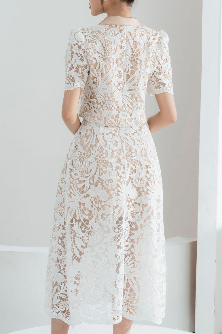Leona Cropped Peak Lapel Lace Top Skirt Set In White Flowering Girl