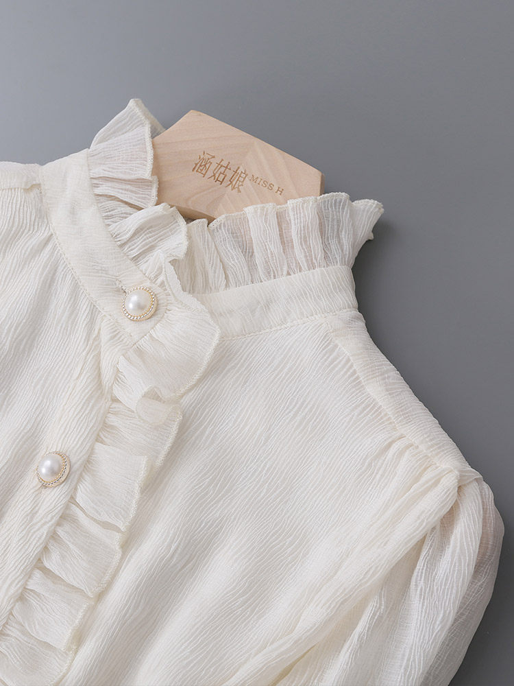 Ruffled Stand Collar Pearl Button Lantern Long Sleeve Textured Blouse Flowering Girl
