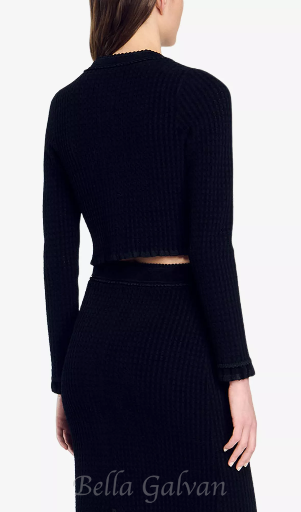 Velvet-texture cropped knitted cardigan in noir Flowering Girl