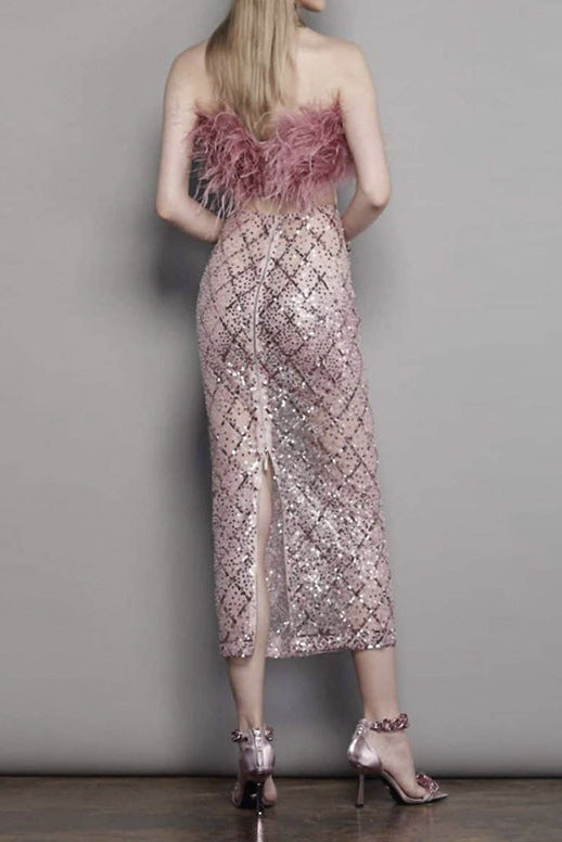 Audrey Pink Feather Top Sequin Midi Skirt Set Flowering Girl