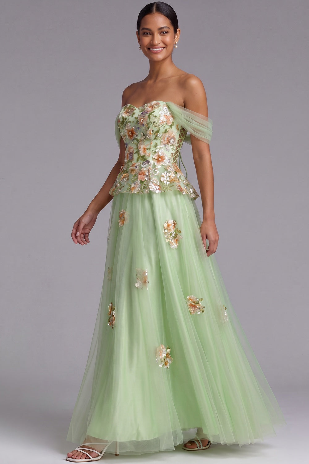 Light Green Off-The-Shoulder Floor-Length Gown with Floral Embellishments Flowering Girl