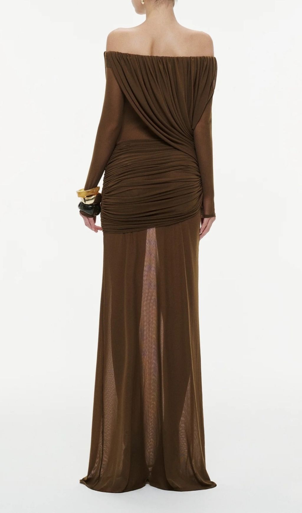 Kalinda Brown Pleated Off-Shoulder Mesh Maxi Dress Flowering Girl