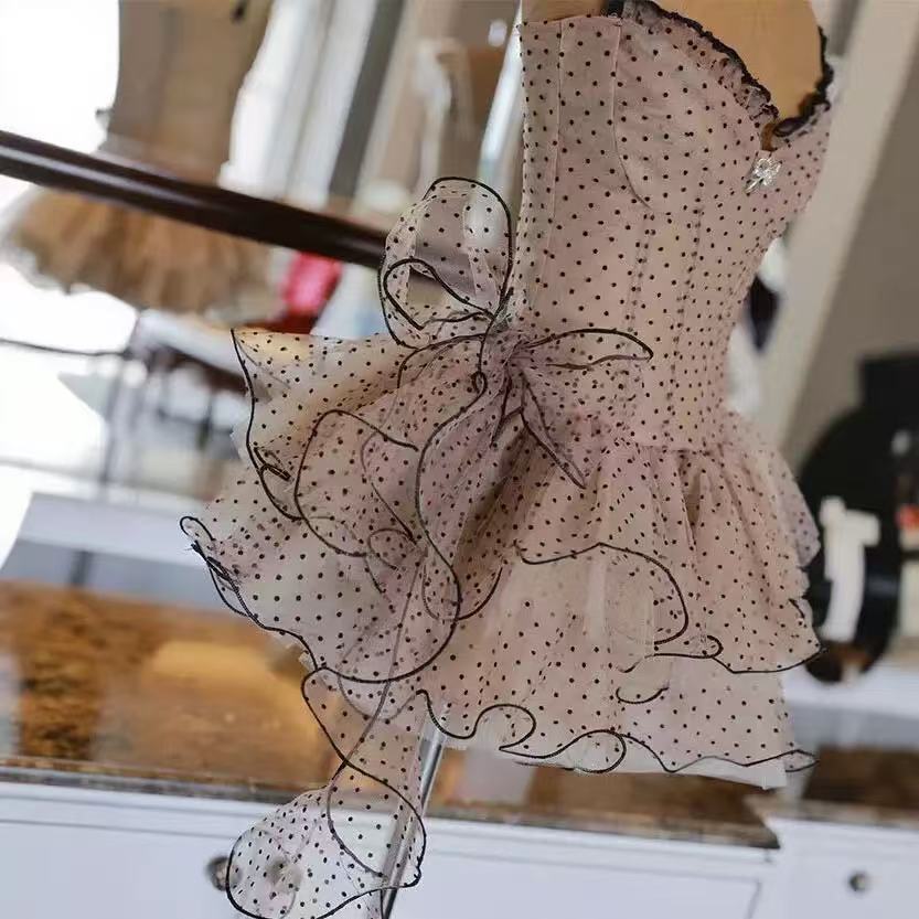 Off Shoulder Polka Dot Mesh Ruffle Mini Dress Flowering Girl
