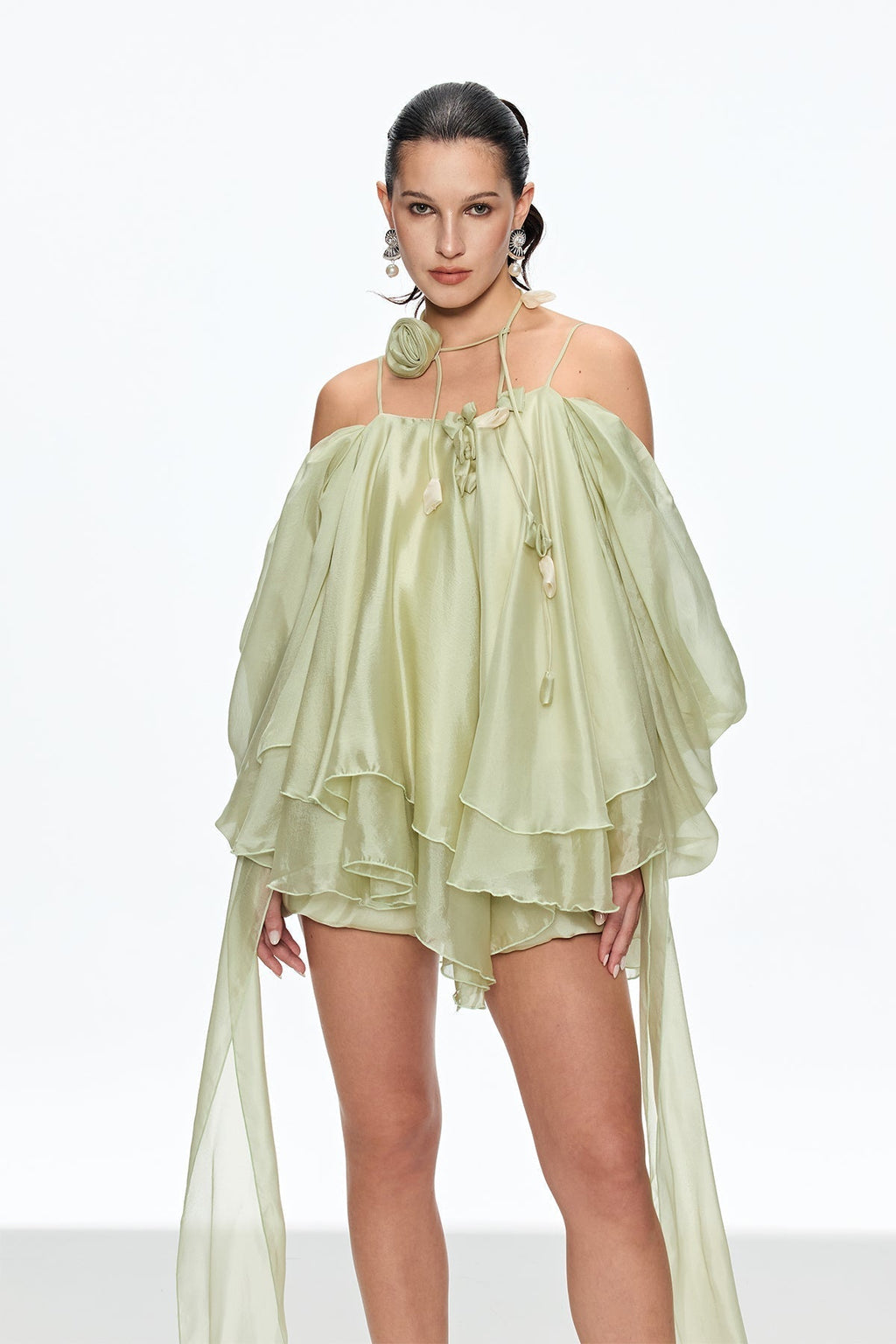 Alisa Ruffle Lace Up Fringe Mini Dress In Green Flowering Girl