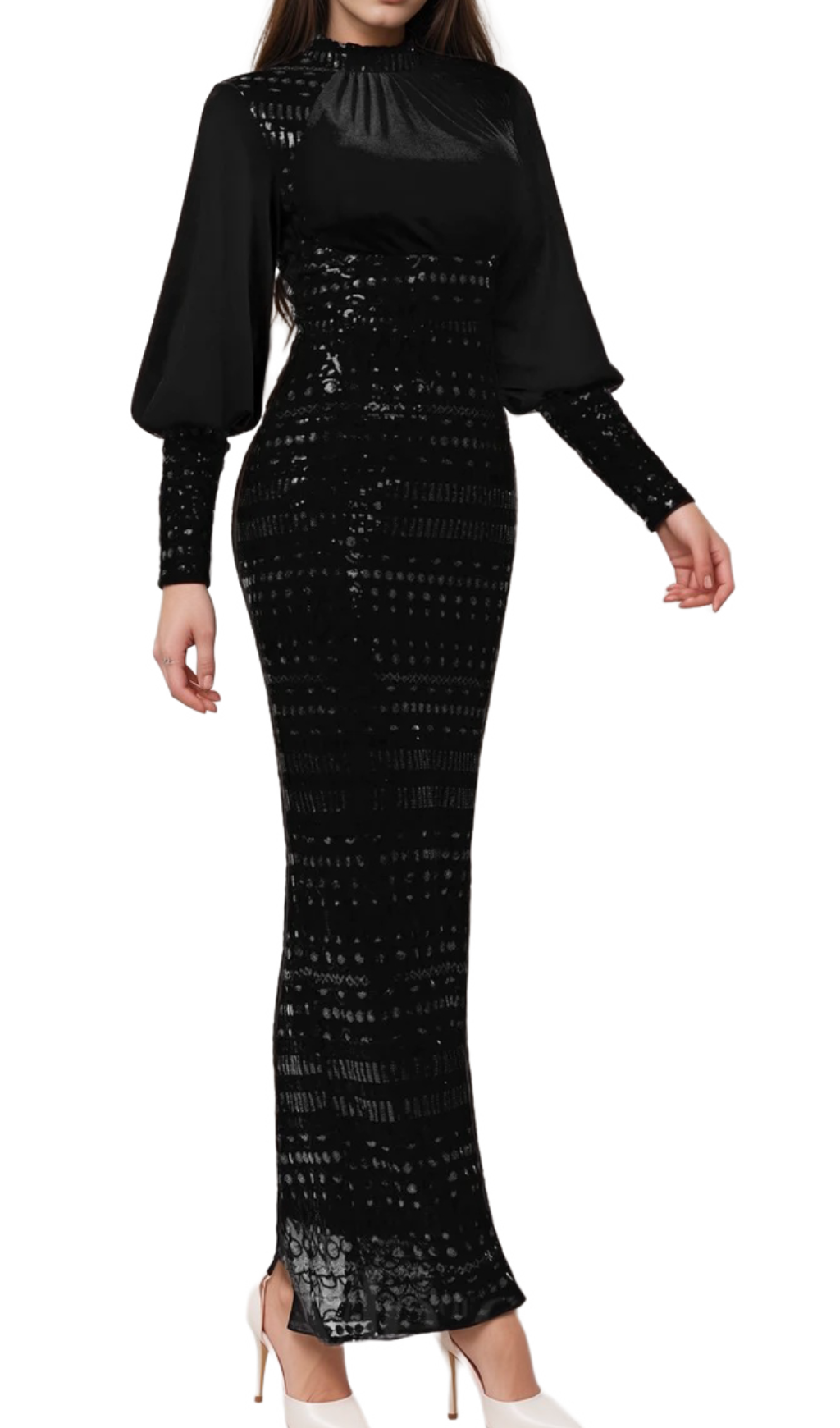 beatrice sequin long sleeve maxi dress in black Flowering Girl