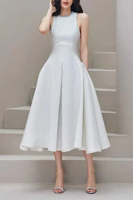 Ava Rhinestone Sleeveless Full Skirt Dress-White Flowering Girl