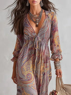 Paisley Print V-neck Gathered Chiffon Maxi Dress Flowering Girl