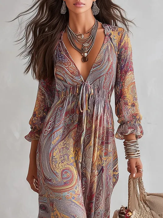 Paisley Print V-neck Gathered Chiffon Maxi Dress Flowering Girl