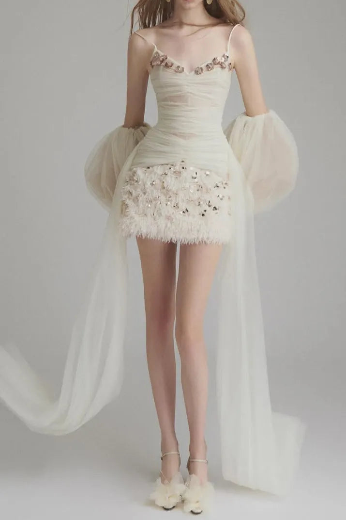 Sequined embellished organza mini dress in white Flowering Girl