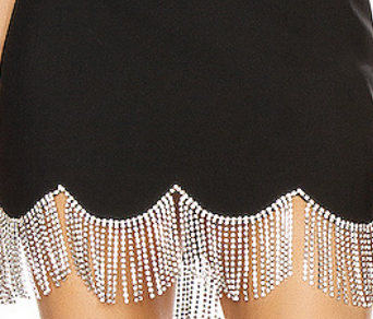 Black Structured Stretch Woven Bodycon Mini Dress with Rhinestone Fringe Flowering Girl