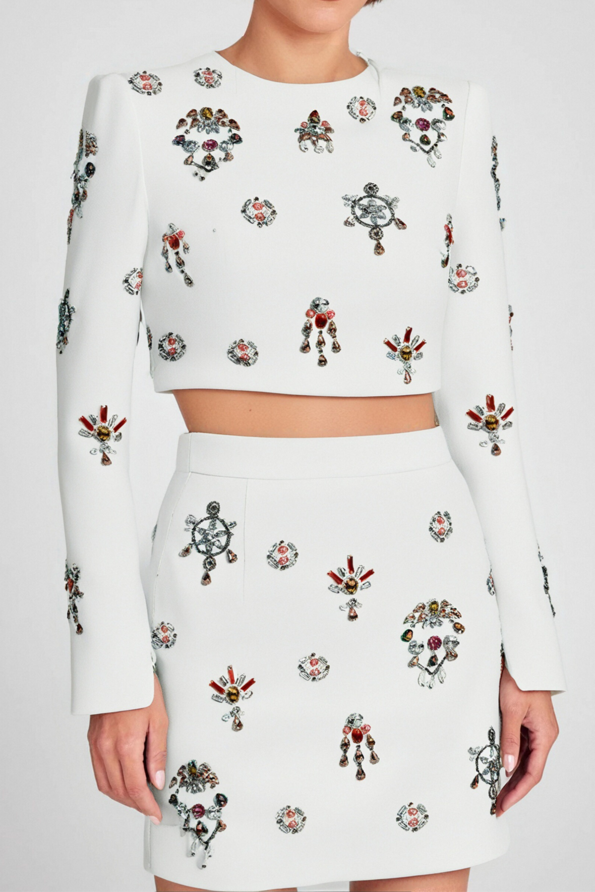 White Rhinestone Embellished Skirt Set Flowering Girl