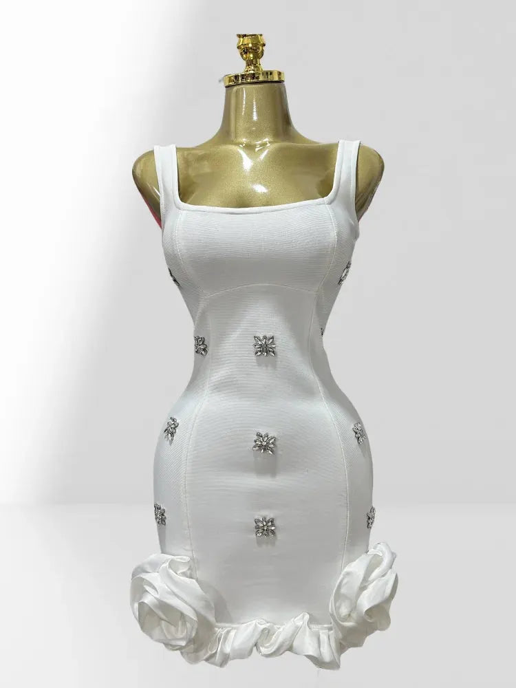 Diamonds Sleeveless Ruffles Bodycon Mini Bandage Dress Flowering Girl