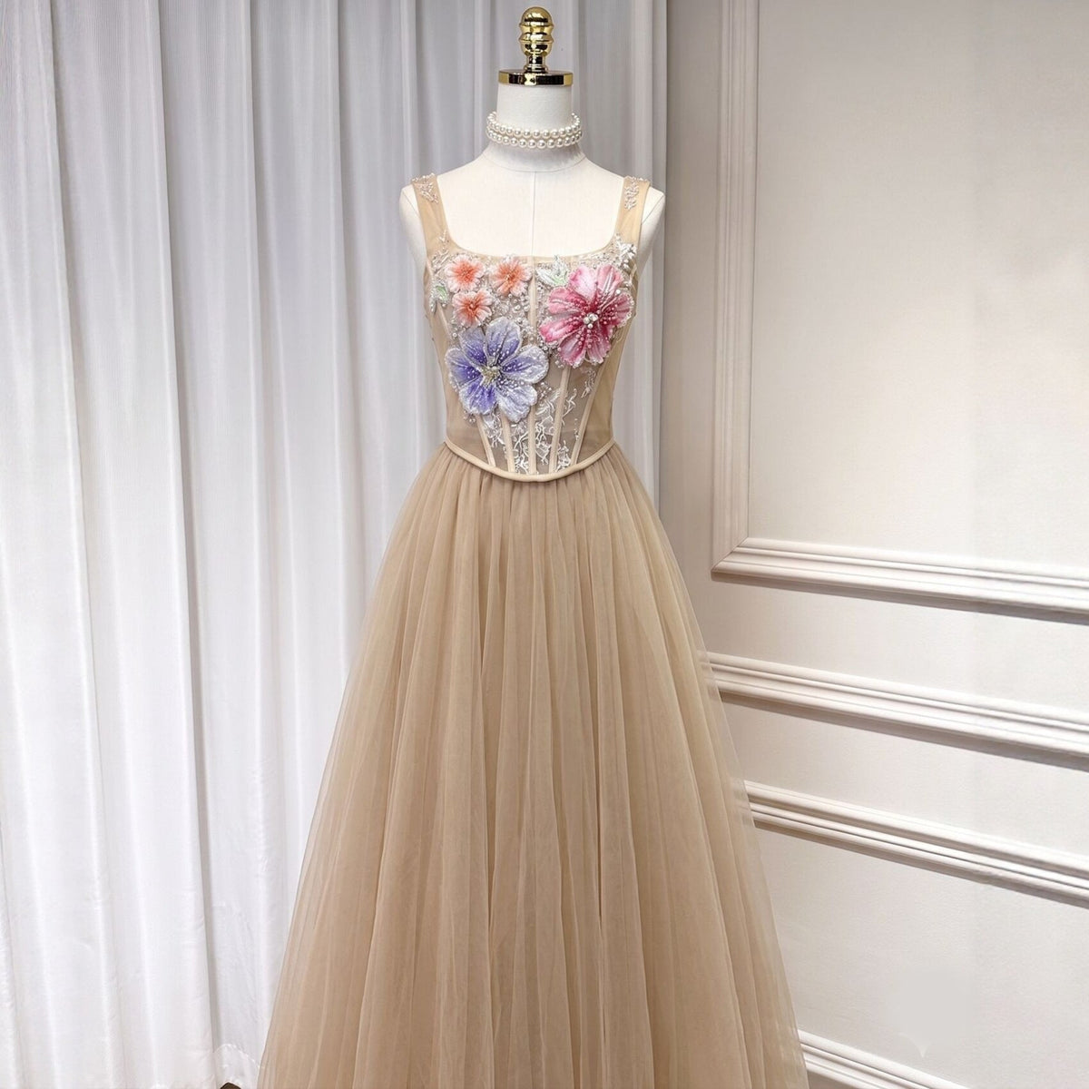 3D Floral Camisole Top & Tulle Skirt Set - Champagne Flowering Girl