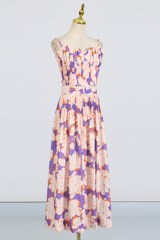 Pleated Floral-Print Linen Bustier Top Skirt Set In Blue Flowering Girl