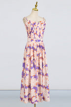 Pleated Floral-Print Linen Bustier Top Skirt Set In Blue Flowering Girl