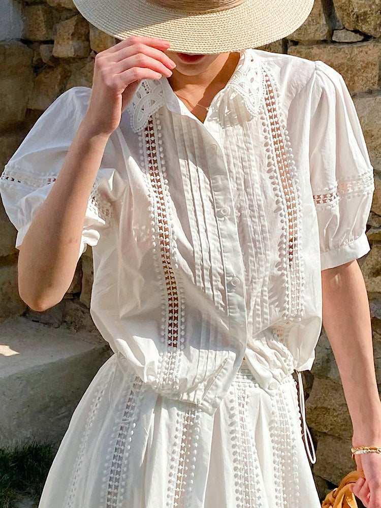 White Short Sleeve Striped Shirt Flowering Girl
