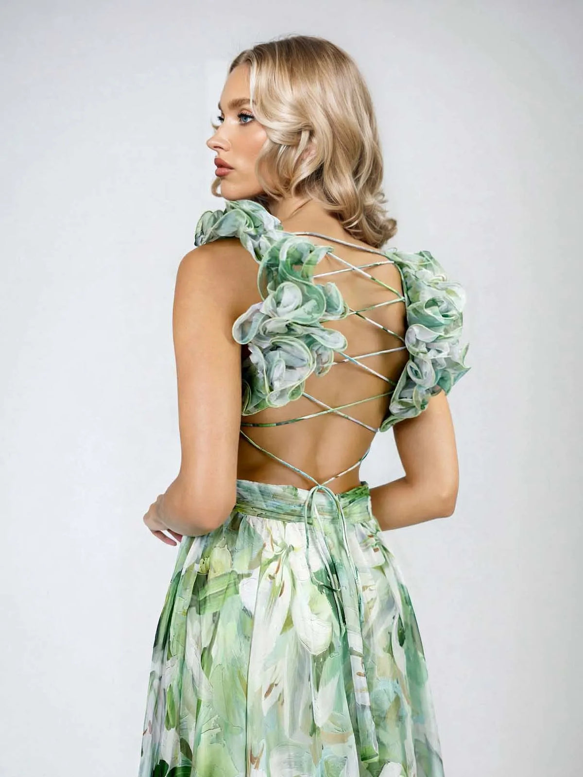 Lily Print Tiered Ruffle Shoulder Maxi Dress Flowering Girl
