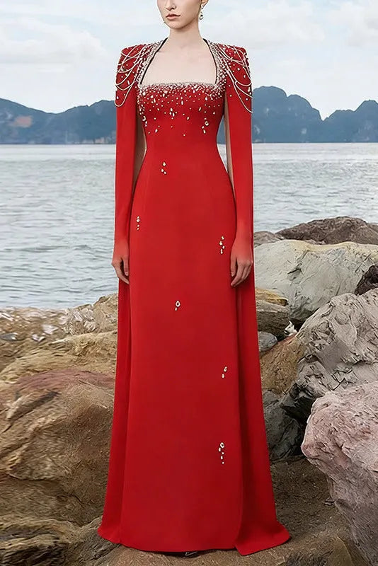 Red Nail Bead Chain Shawl Sleeves Floor-Length Dress Flowering Girl