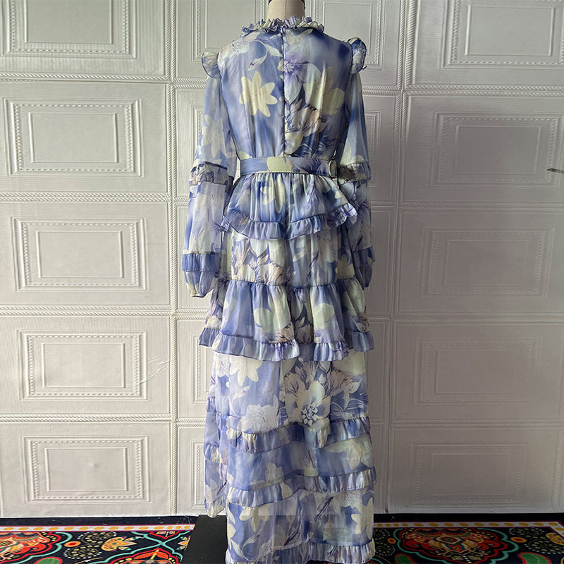 Alyssa Purple Floral Print Ruffle Maxi Dress With Belt Flowering Girl