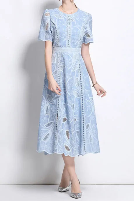 dana hollow embroidery lace midi dress in blue Flowering Girl