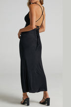 v-Neckline Pleated Bodycon Maxi Dress In Black Flowering Girl