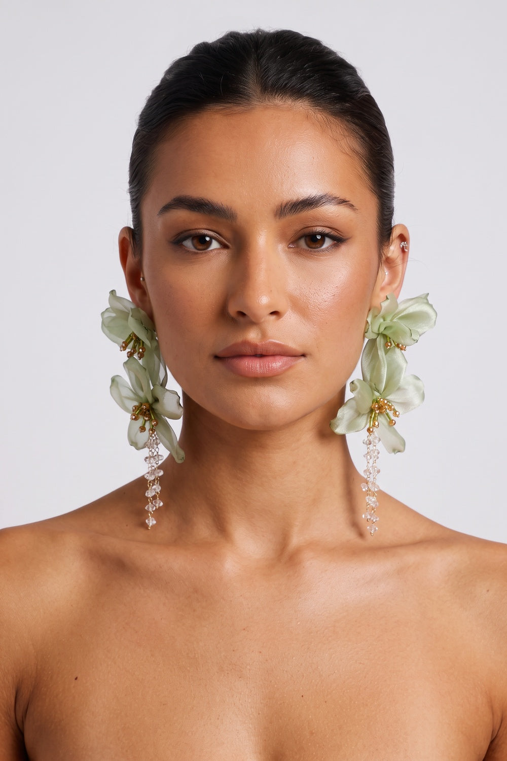 Light Green Organza Floral Crystal Tassel Drop Earrings Flowering Girl