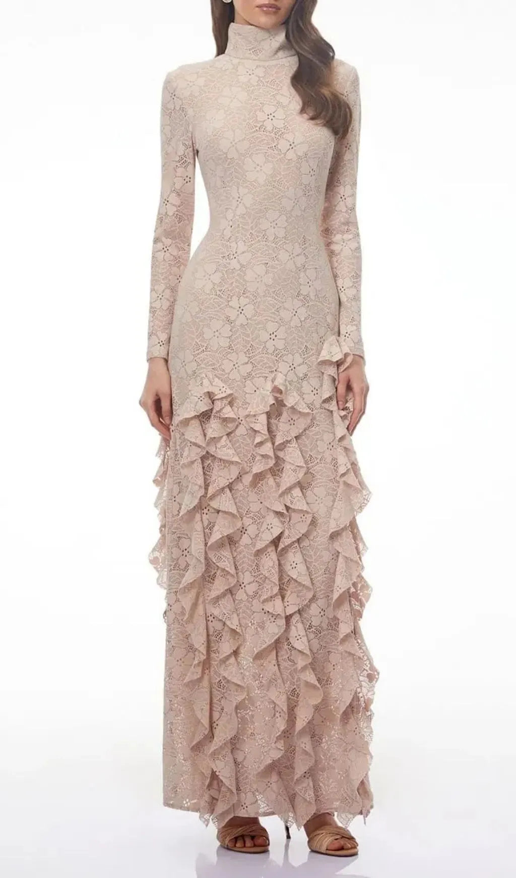Michelle Nude Floral Lace Ruffled Maxi Dress Flowering Girl