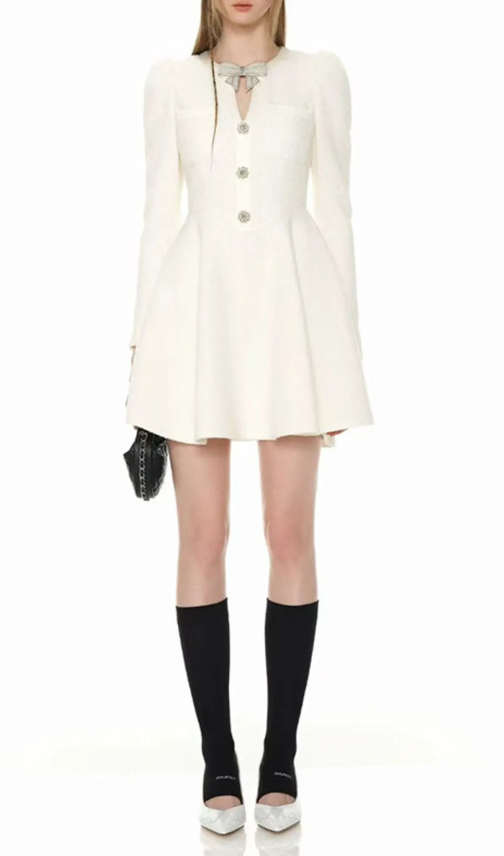 Italia White Bow Long Sleeve Mini Dress Flowering Girl