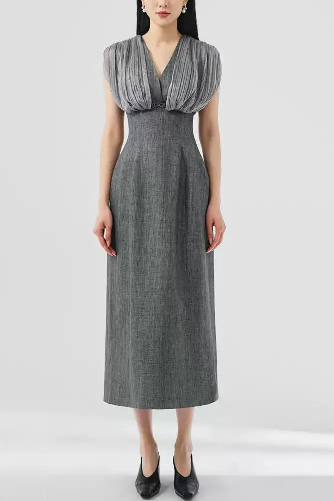 Mesh Stitching Sleeveless Midi Dress In Grey Flowering Girl