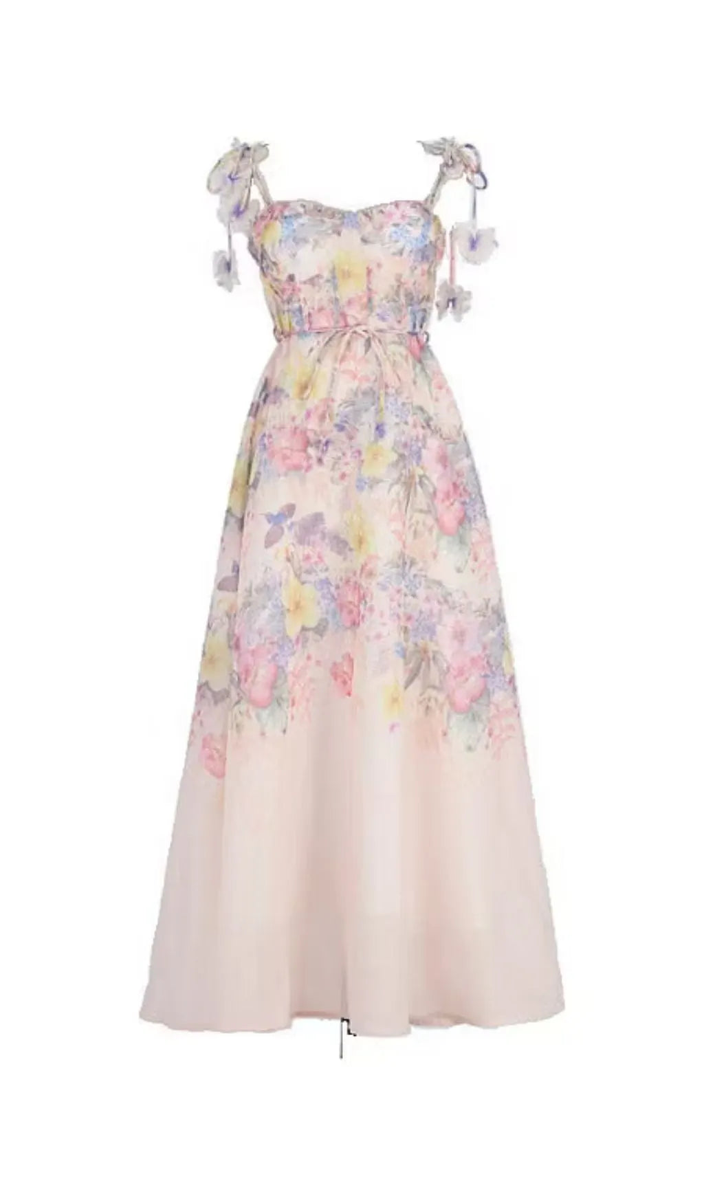 Pastel Floral Print Spaghetti Strap Midi Dress With 3D Flower Appliqués Flowering Girl