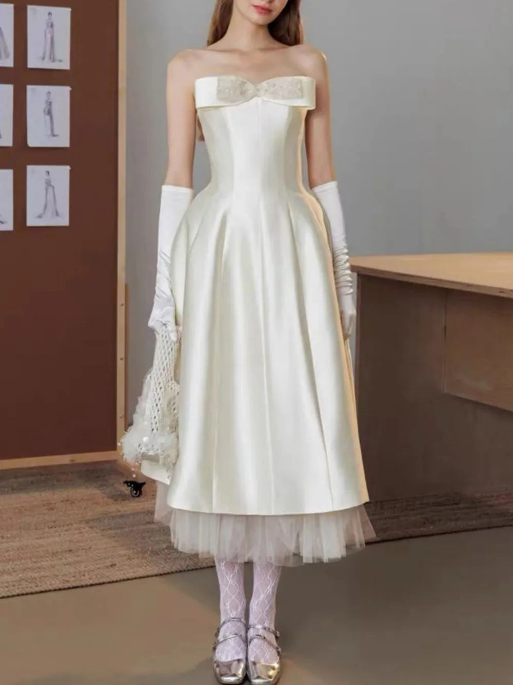 Makalia White Strapless Bow Midi Dress Flowering Girl