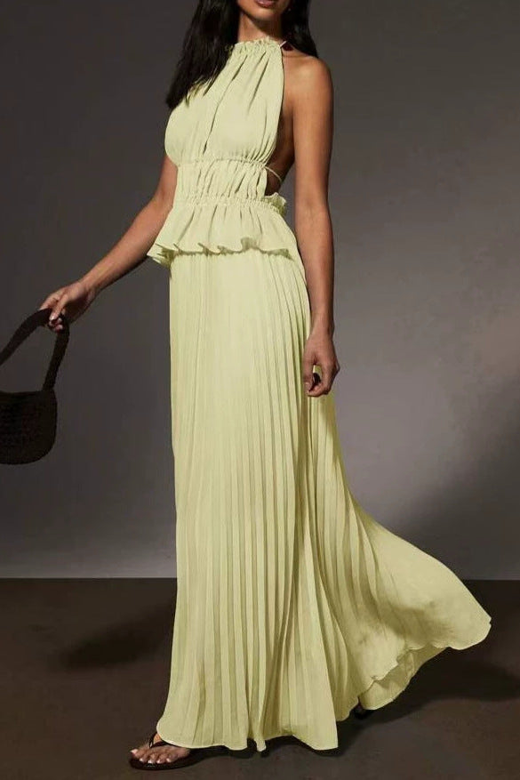 Halter Neck Pleated Maxi Dress Flowering Girl