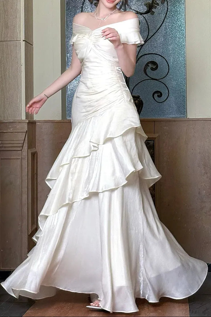 Off Shoulder Twist Ruched Tiered Ruffle Satin Maxi Dress Flowering Girl
