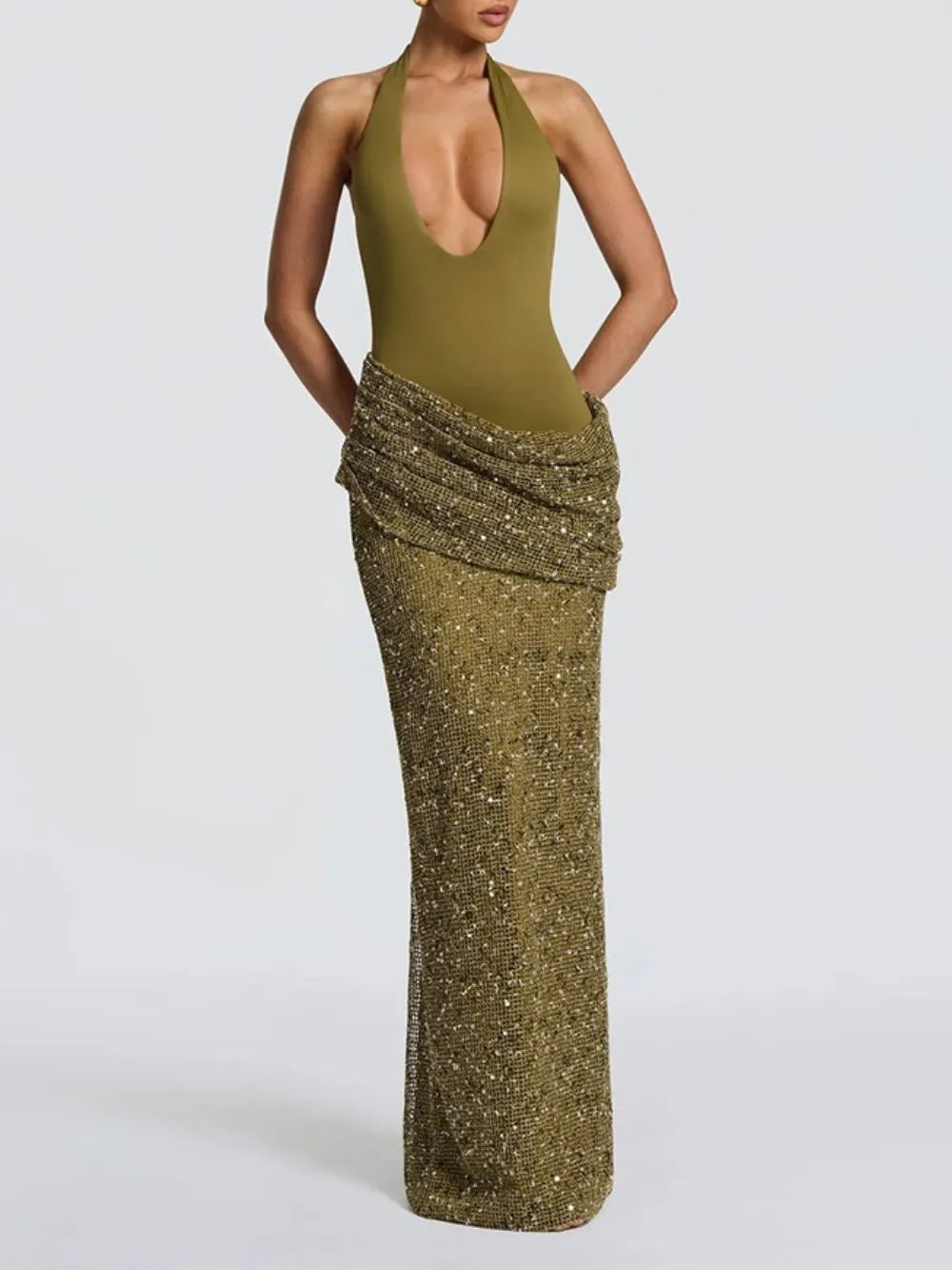 Matat Green Halter Sequin Maxi Dress Flowering Girl