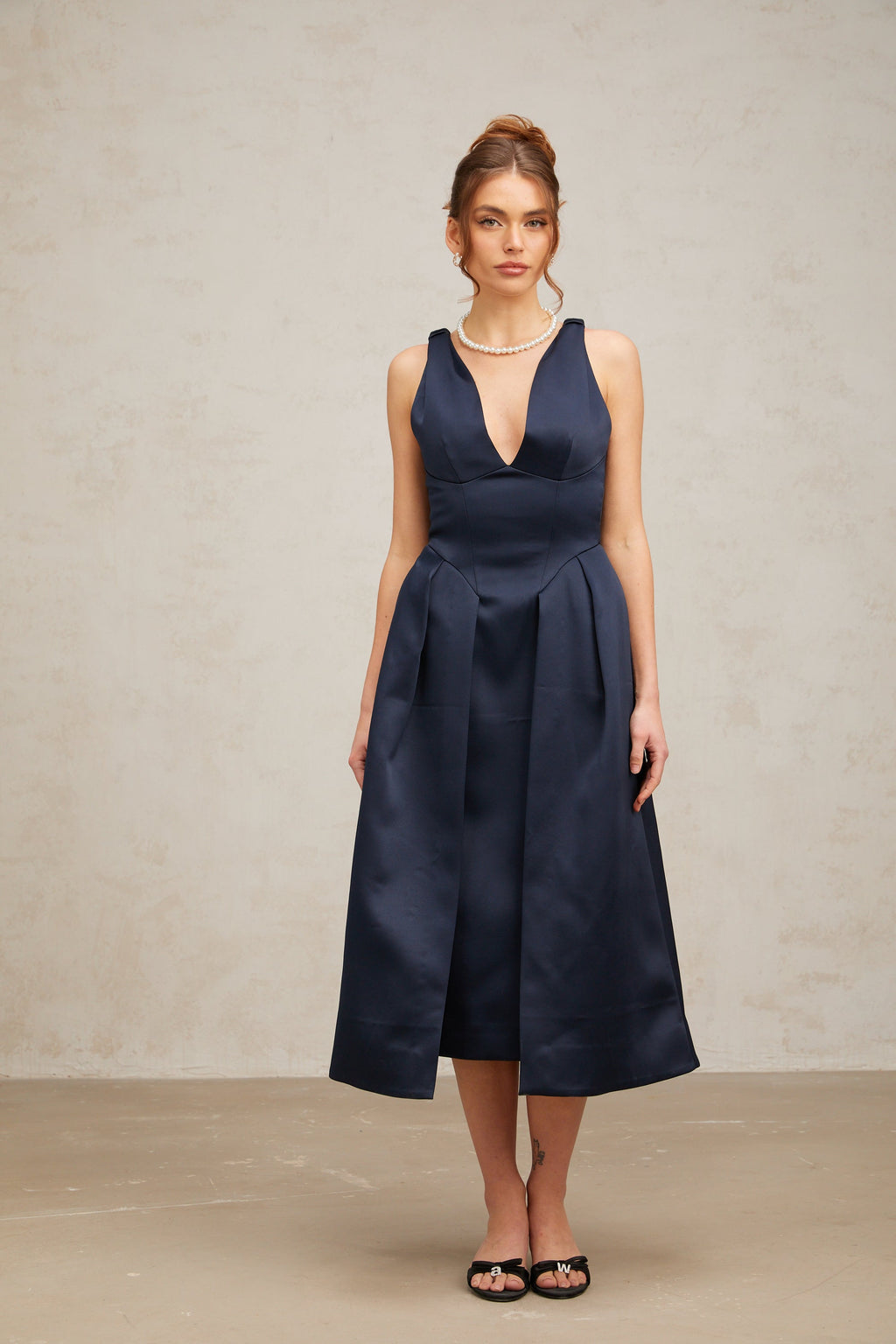 Chantale blue twist-detail satin midi dress Flowering Girl