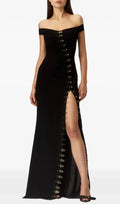 Axela Off Shoulder Split Maxi Dress - Black Flowering Girl