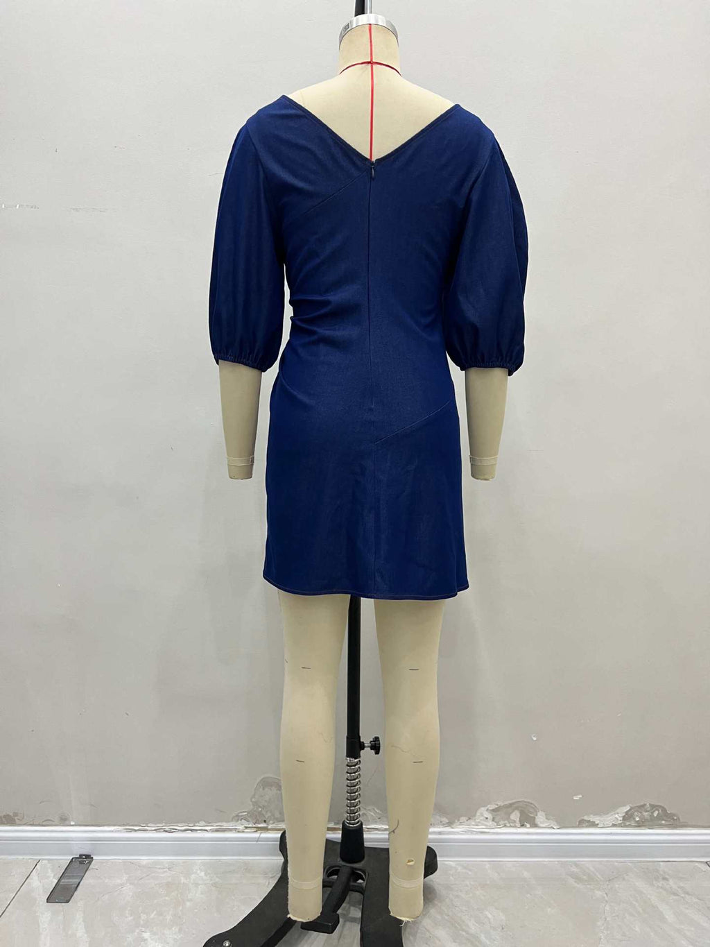 Dark Denim Boat Neck Puff Sleeve Side Ruched Gold Button Mini Dress Flowering Girl