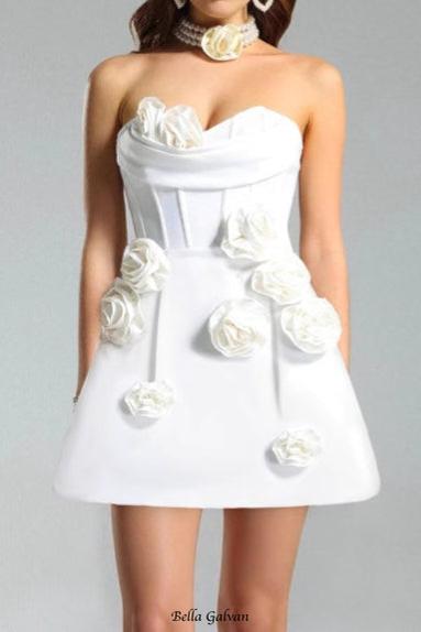 valerie 3d flower embellished strapless mini dress in white Flowering Girl