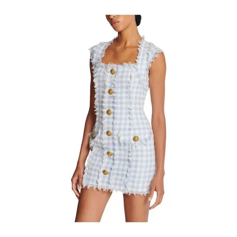 Blue White Gingham Mini dress Flowering Girl