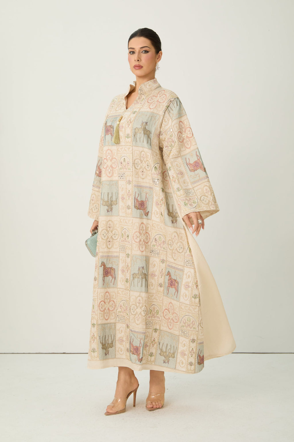 Cream Horse Patchwork Print Stand Collar Bell Sleeve Long Kaftan Dress Flowering Girl