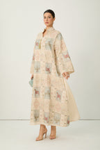 Cream Horse Patchwork Print Stand Collar Bell Sleeve Long Kaftan Dress Flowering Girl